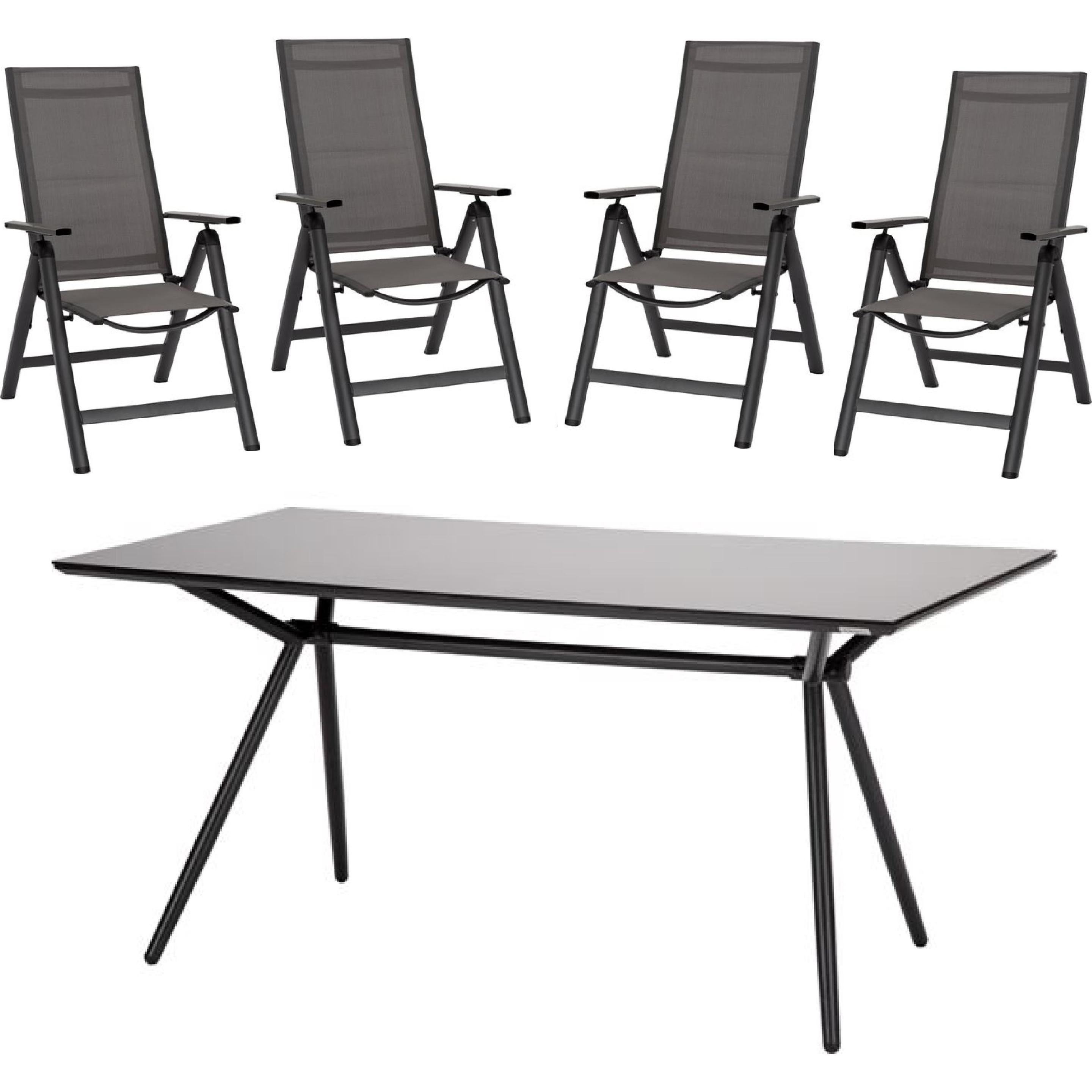 Acamp, Gartentisch + Balkontisch, Set 4x SPRING Klappsessel + 1x ALPHA Glastisch (160 cm)