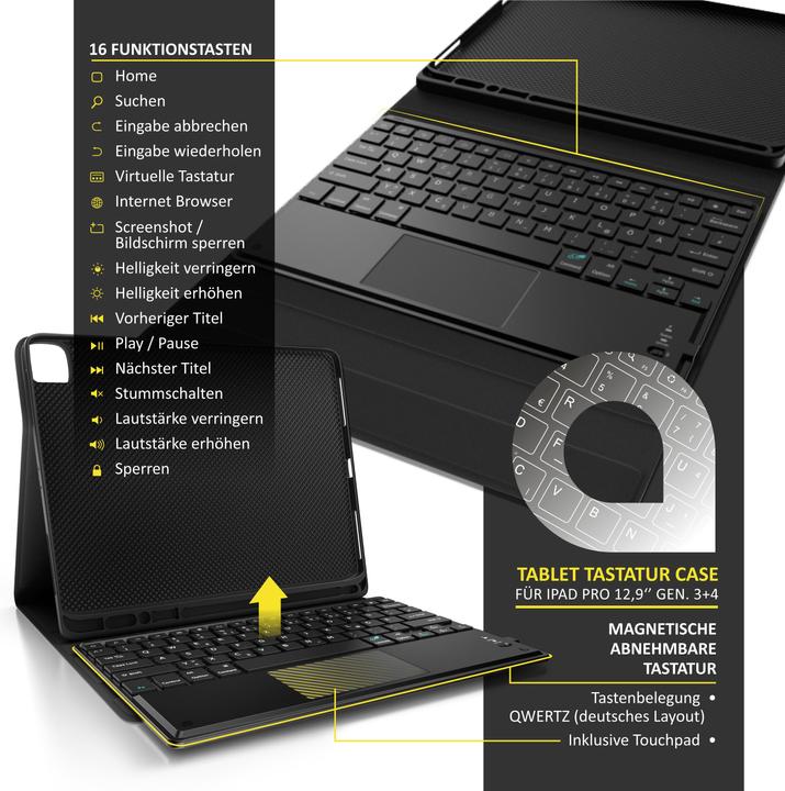 Actual product image Aplic Bluetooth tablet keyboard for iPad Pro 12.9 inch Gen 3 + 4, 280 mAh battery, keyboard with case (DE)