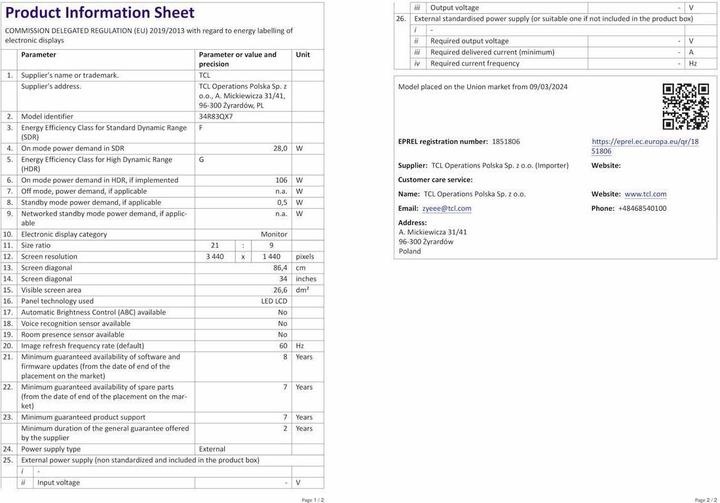 Nährwerte und Zutaten TCL 34R83Q (3440 x 1440 Pixel, 34")