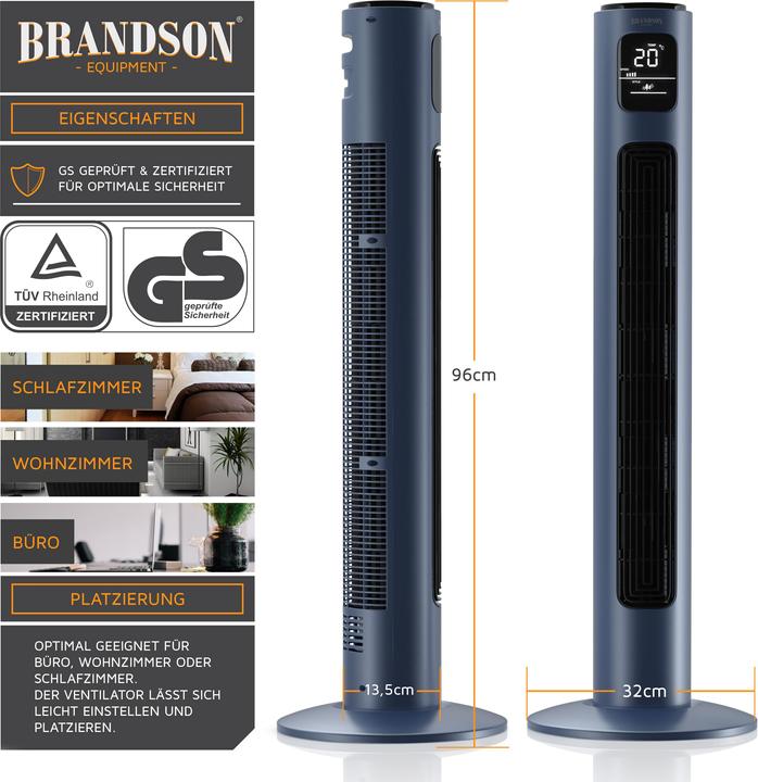 Actual product image Brandson Tower fan, oscillation 65°, timer, remote control, pedestal fan 96cm, blue (48 dB)