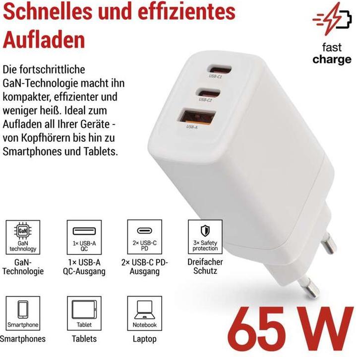 Actual product image Emos USB Wall Charger Gan Pd 65w A2c (65 W, 3 ports)