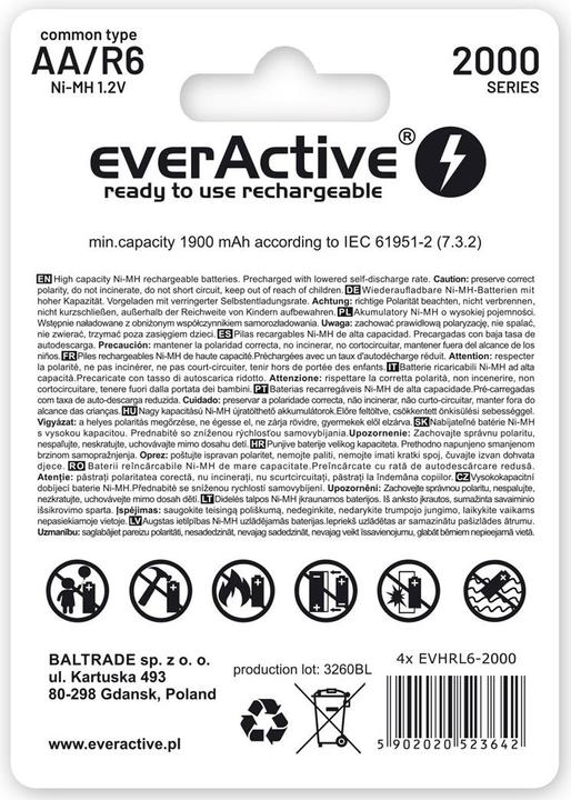 Immagine prodotto Everactive Silver Line Batteria AA da 2000 mAh pronta all'uso, 4 pezzi. (4 pz., AA / LR6 / LR06 / Mignon / R6 / R14505, 1900 mAh)