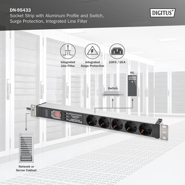 Produktbild Digitus Steckdosenleiste mit Aluminiumprofil und Schalter, Überspannungsschutz, integrierter Netzfilter, 5- (5 x, CEE 7/3, 2 m)