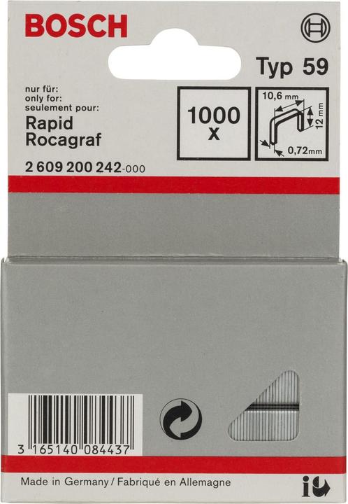 Produktbild Bosch Professional Zubehör Feindrahtklammer Typ 59, 10,6 x 0,72 x 12 mm, 1000er-Pack