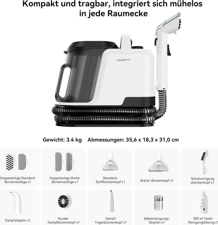 Actual product image Uwant Y100 Steam 3-in-1 Dampfreiniger mit 18KPA,1750W Heissdampf,Selbstreinigung,7-teiligem Zubehör