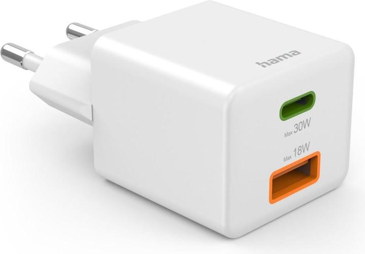 Produktbild Hama Schnellladegerät, 1x USB-C PD, 1x USB-A QC, Mini-Ladegerät, 30 W, Weiss (30 W, 2 Ports)