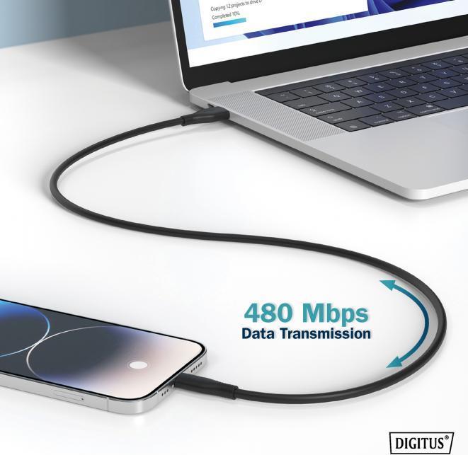 Produktbild Digitus Lightning Silikon Anschlusskabel, USB-A - Lightning 2m, schwarz (2 m, USB 2.0, 12 W)