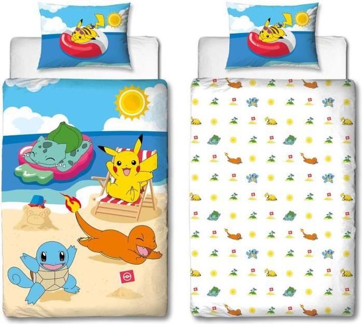 Lyo Pokémon - Parure de lit en microfibre Pikachu et ses amis à la plage (200x140cm 63x63cm) (140 x 200 cm, 63 x 63 cm)