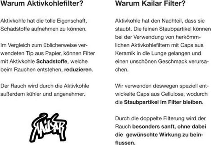 Nährwerte und Zutaten Kailar Aktivkohlefilter 9mm Black White 100pcs