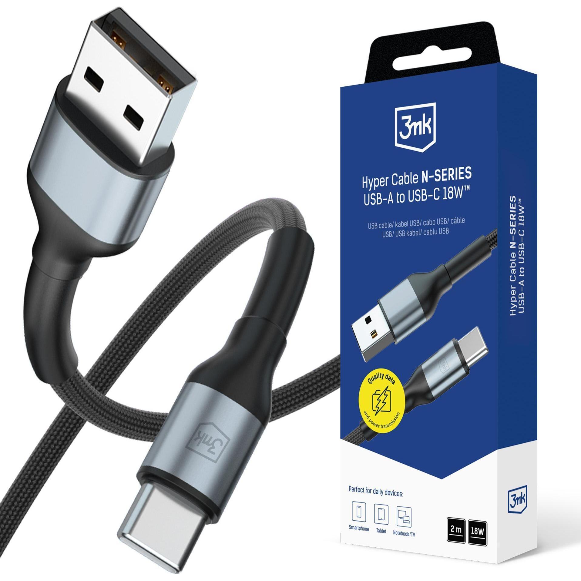 3MK Kabel Hyper Cable N-SERIES USB-A do USB-C 2m 9V/2A 18W czarny (2 m, USB 2.0, 18 W), Cavo USB
