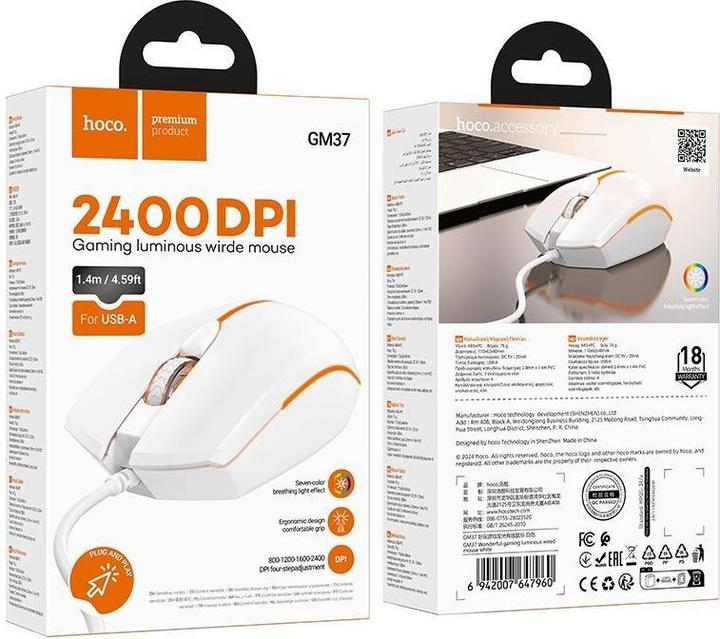 Actual product image Hoco Other Computer Accessory gaming wire USB A computer mouse 2400 dpi GM37 white (Cable)