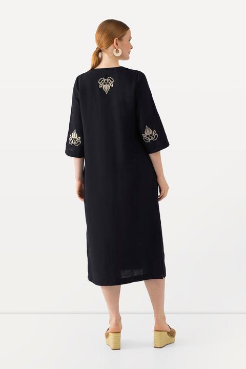 Produktbild Ulla Popken Leinen-Maxikleid, Stickerei, Tunika-Ausschnitt, 3/4-Arm (46)