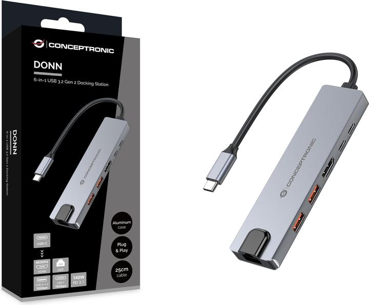 Actual product image Conceptronic Dock 6-in-1 USB-C->HDMI,2xUSB-A,USB-C,GbE (USB-C, 6 ports)