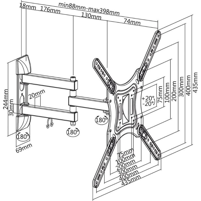 Cabletech Wandverstellbarer Fernseher 23-55" (max. 30kg) (Wand, 55", 30 kg), TV Wandhalterung, Schwarz