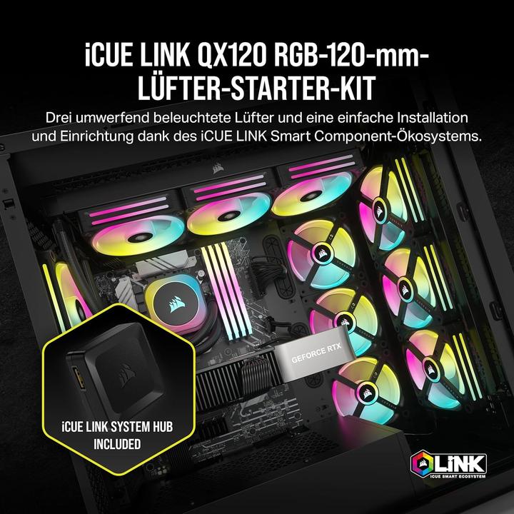 Image du produit Corsair Ventilateur iCUE LINK QX120 RGB 120 mm PWM (noir, kit de démarrage) (120 mm, 3 x)