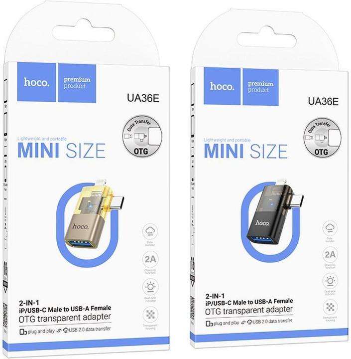 Productafbeelding Hoco Cable adapter OTG 2in1 Lightning (male) / Type C (male) to USB A (female) UA36E black (USB-A, USB-A, Bliksem)