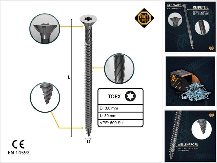 Forte tools CHIPBOARD SCR T10 3.0X30 WHITE ZN(500) (500 Screws per piece)