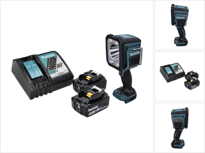 1x Makita DML 812 Akku LED Handstrahler, 2x Makita BL 1850 B Li-Ion Akku 18V 5,0 Ah, 1x Makita DC 18 RC 9,6 V - 18 V Akku Schnell Ladegerät