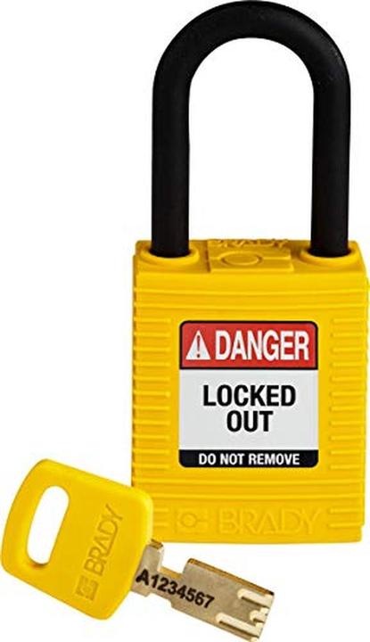Actual product image Brady Safekey nylon safety lock with nylon shackle, yellow, shackle height 38 mm, shackle diameter 6.4 mm