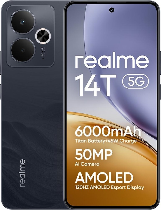 Immagine prodotto realme 14T 5G 8GB 256GB Obsidian Black (256 GB, Obsidian Black, 6.67", 50 Mpx, 5G)