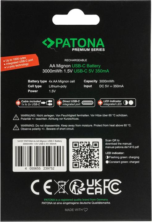 Actual product image Patona Premium 4x Micro AA USB-C (4 pcs., AA, 2000 mAh)