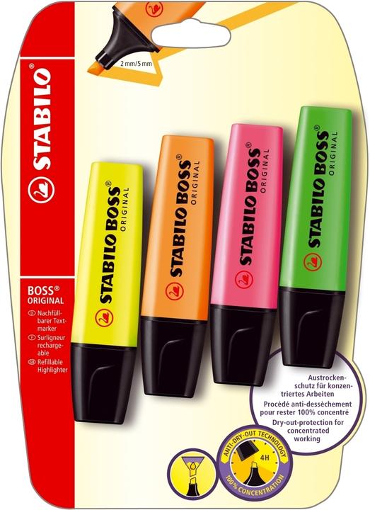 Actual product image STABILO Highlighter - BOSS ORIGINAL - Pack of 4 - green, pink, orange, yellow (Yellow, Orange, Green, Pink, 5 mm, 4 x)