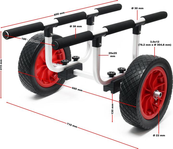 Actual product image Wiltec Aluminium Transport Trolley for Kayaks, Canoes max. 90kg with ⌀ 31cm PU Wheels & adjustable Widt