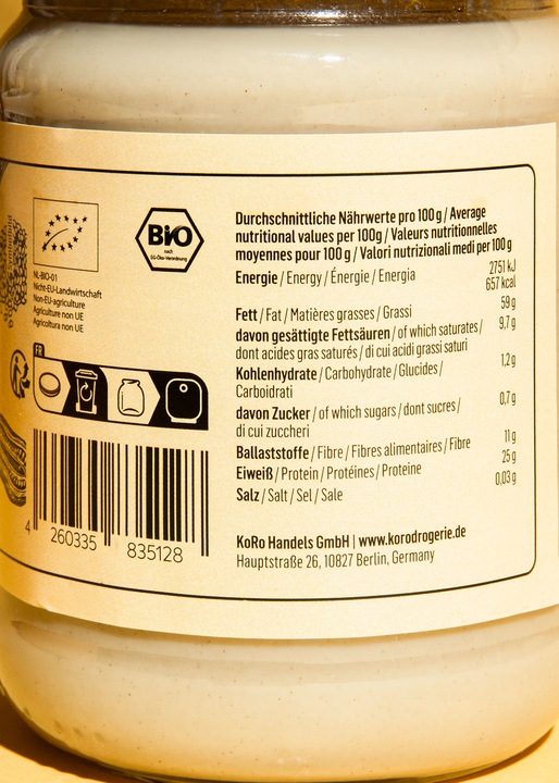 Nutritional values and ingredients KoRo Organic sesame butter made from hulled sesame seeds (500 g)