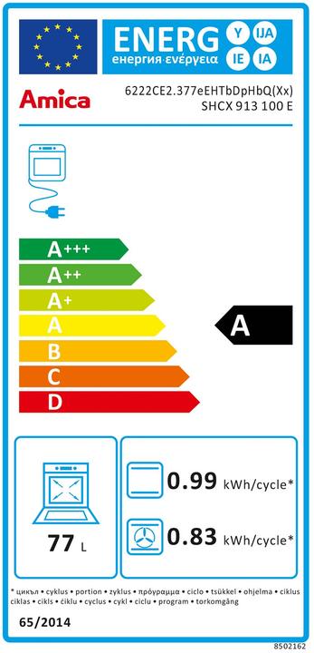 Energy Label Amica Free-standing cooker with glass ceramic hob SHCX 913 100 E Usable volume 77 l WxHxD 600 x 850