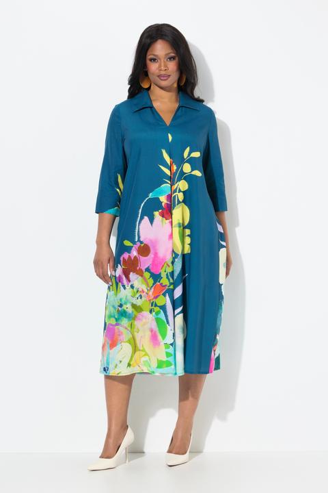 Immagine prodotto Ulla Popken Abito midi dal taglio svasato con fiori, colletto da camicia e maniche a 3/4 (54)
