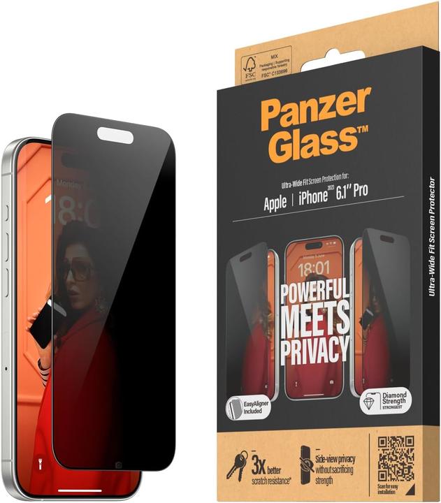 Productafbeelding PanzerGlass Privacy Screen Protector iPhone 2023 6.1" Pro Ultra-Wide Fit (1 Stuk, Apple iPhone 15 Pro)
