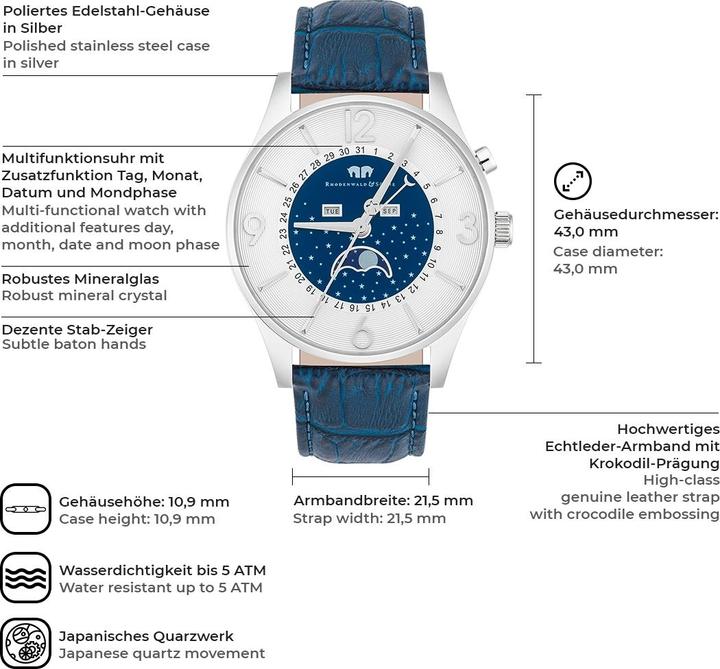 Actual product image Men quartz watch Moontime genuine leather blue - 16416 (Analogue wristwatch, 43 mm)