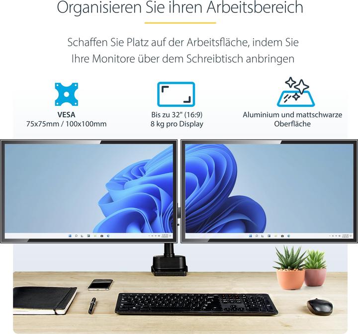 Produktbild StarTech com ARMDUALPIVOT, Klemme, 16 kg, 81,3 cm (32 Zoll), 100 x 100 mm, Höhenverstellung, Schwarz (Tisch, 32", 16 kg)