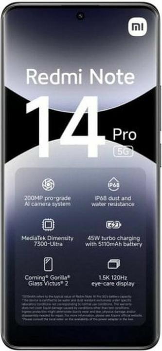 Productafbeelding Xiaomi Redmi Note 14 Pro 5G (512 GB, Middernachtelijk zwart, 6.67", Dubbele SIM, 5G)