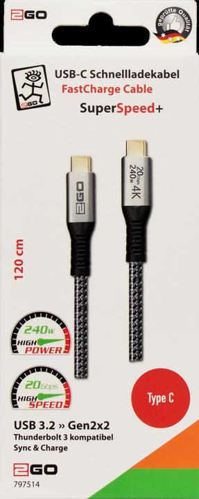 Actual product image 2GO USB C — USB C (1.20 m, USB 3.2 Gen 2x2, 240 W)
