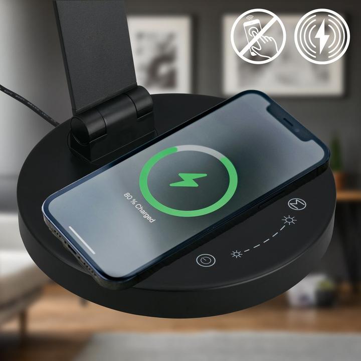 Actual product image Briloner CUMA CCT-LED table lamp, black, incl. inductive charging station (670 lm)