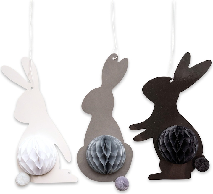 Papierdrachen 3 coniglietti di Pasqua con carta velina bianca nera grigia - Set 04 (3 x)