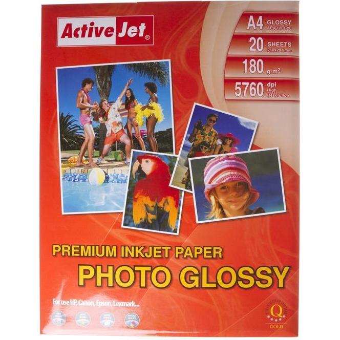 Thumbnail - Activejet AP4-180G20 Fotopapier Glanz (180 g/m², 21 x 29.7 cm, 20 x), Fotopapier, Weiss