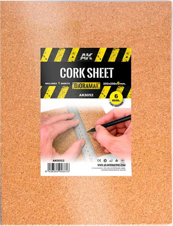 AK Interactive CORK SHEETS - FINE GRAINED / LAMINAS CORCHO - GRANO FINO - 200 x 290 x 6mm (1 SHEETS/LAMINAS)