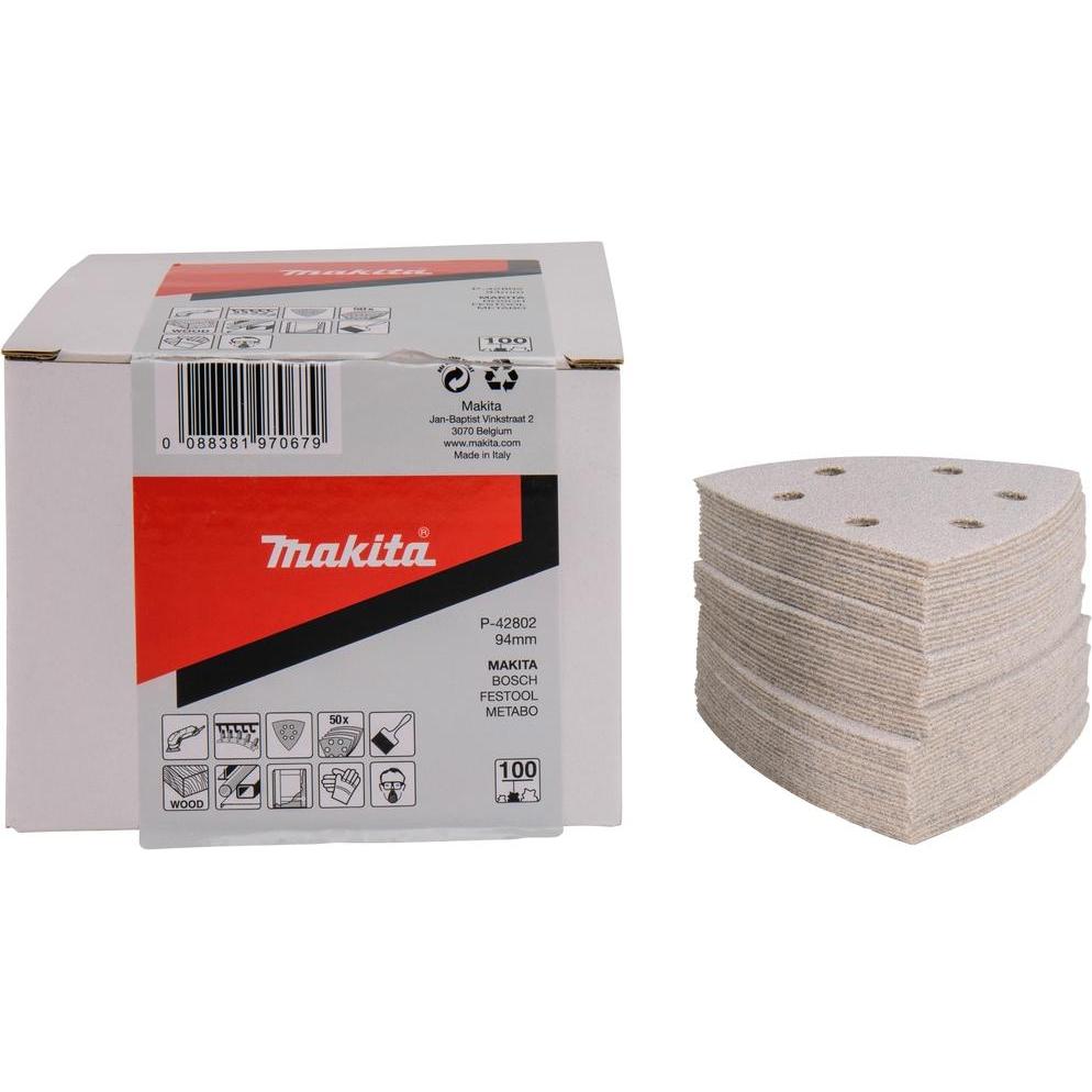 Makita, Abrasivi, Carta vetrata in velcro, 94x94 mm, K100, 50 pezzi (6 fori)