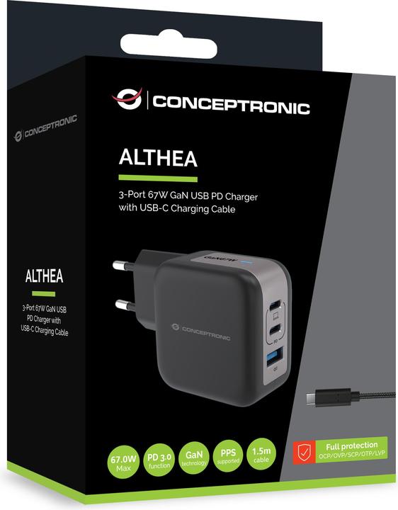 Produktbild Conceptronic Ladegerät 3Port 67W,2xUSB-C,3-in-1 USB-A PD sw (67 W, 3 Ports)
