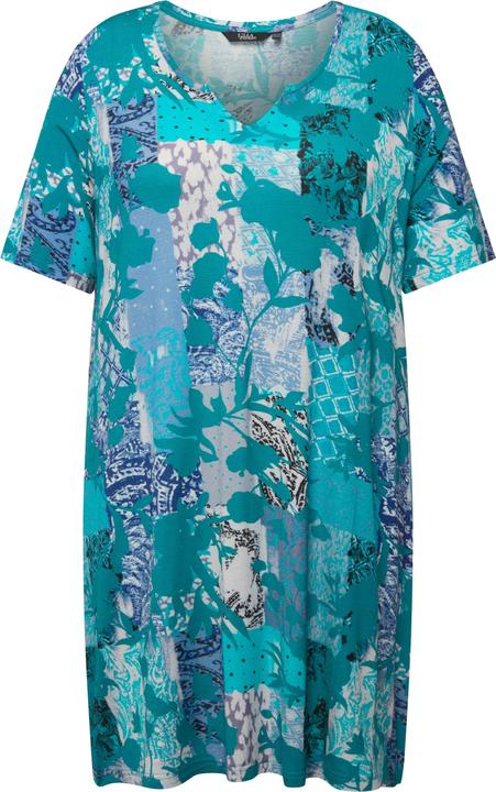 Image du produit Ulla Popken T-shirt manches courtes et col tunisien, coupe évasée. Mélange d'imprimés. (50, 52)
