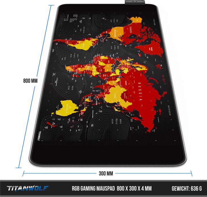 Produktbild Titanwolf RGB Gaming Mauspad, Mausmatte XL 800 x 300mm verbessert Präzision & Geschwindigkeit, Weltkarte rot (XL)