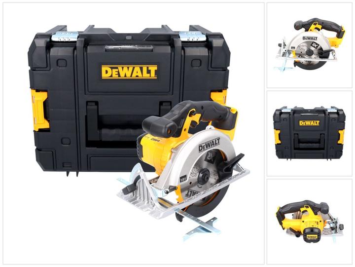 1x sega circolare a batteria DeWalt DCS 391, 1x recinzione rip, 1x protezione di aspirazione, 1x Lama per sega circolare DeWalt 165 mm per legno, 1x cassetta degli attrezzi DeWalt TSTAK DWST1-71195