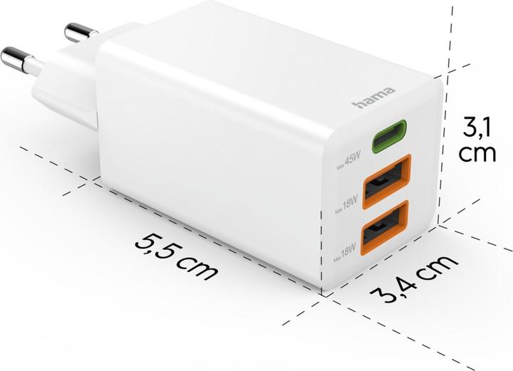 Actual product image Hama Fast charger, GaN, 1x USB-C PD, 2x USB-A QC, mini charger, 45 W, white (45 W, 3 ports)