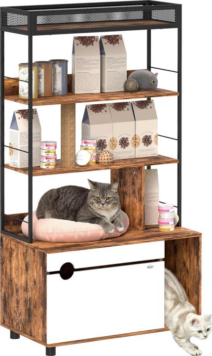 PawHut Katzenklo Schrank Spanplatte, Stahl Rustikal-Braun