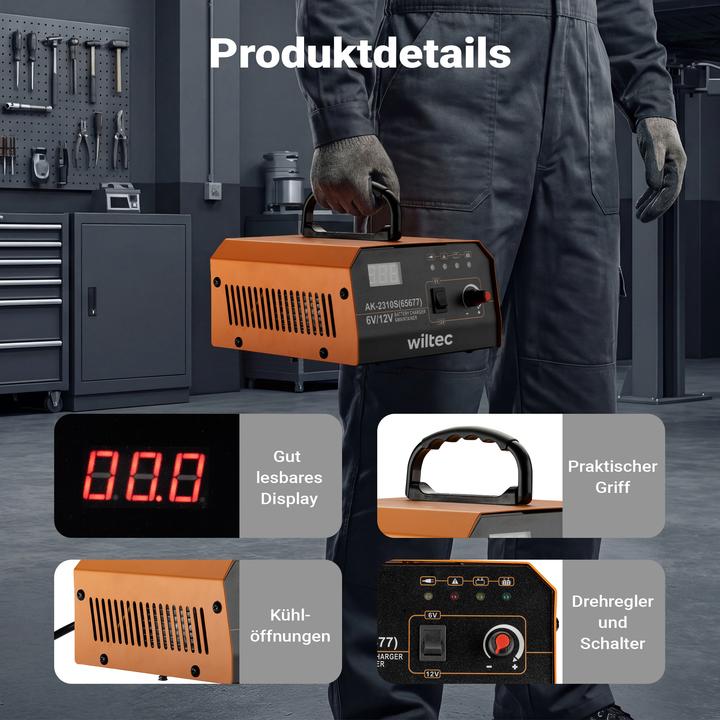 Actual product image Wiltec Ladegerät 6-12V Batterieladegerät 10-150Ah Autobatterie Kfz LCD-Display (10 A, 12V, 6V)