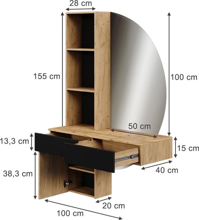 Actual product image Vichy Vanity table Melora, Oak/black, 100 cm with LED mirror