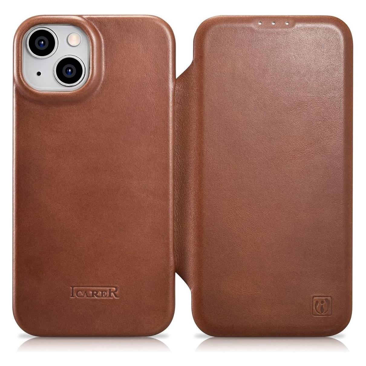 ICarer Ce Oil Wax Premium Leather Folio Case Für IPhone 14 Plus Magnetic Flip Case MagSafe Brown (Ak (Apple IPhone 14 Plus), Smartphone Hülle, Braun
