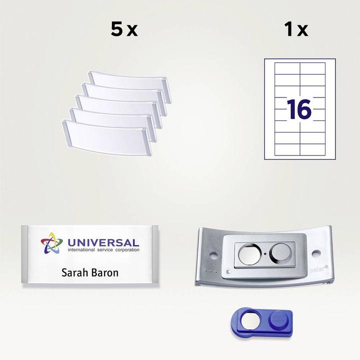 Actual product image Badgepoint POL35MA66-5DR Name badges, 74 x 34 mm, metal-coloured